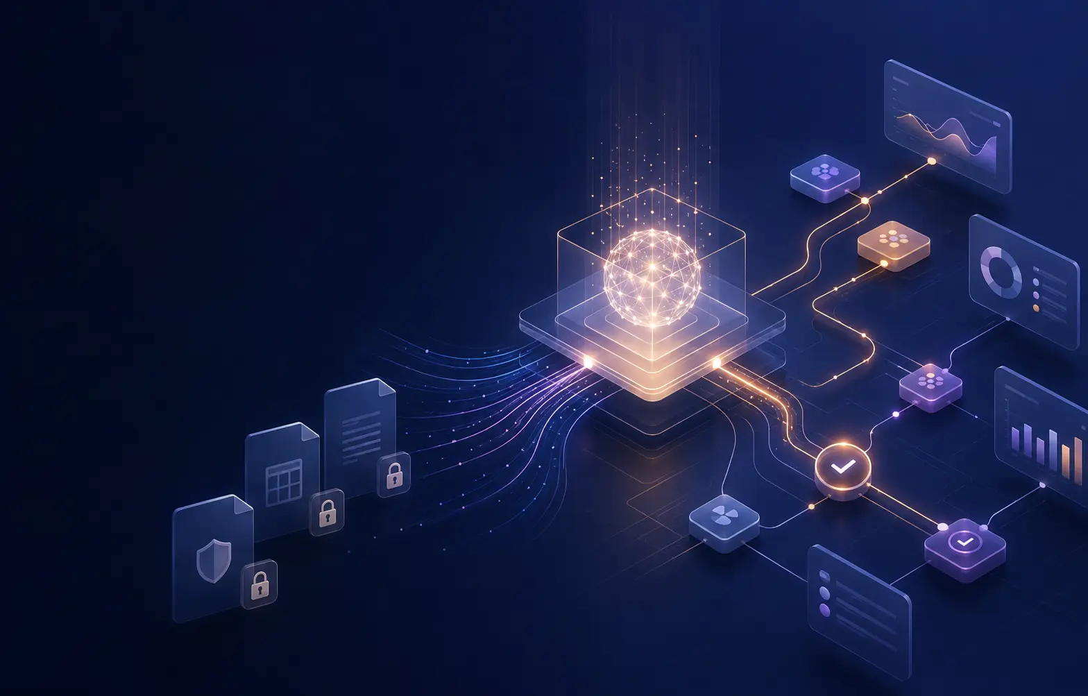 Abstract governed AI workflow connecting business data, models and approval controls